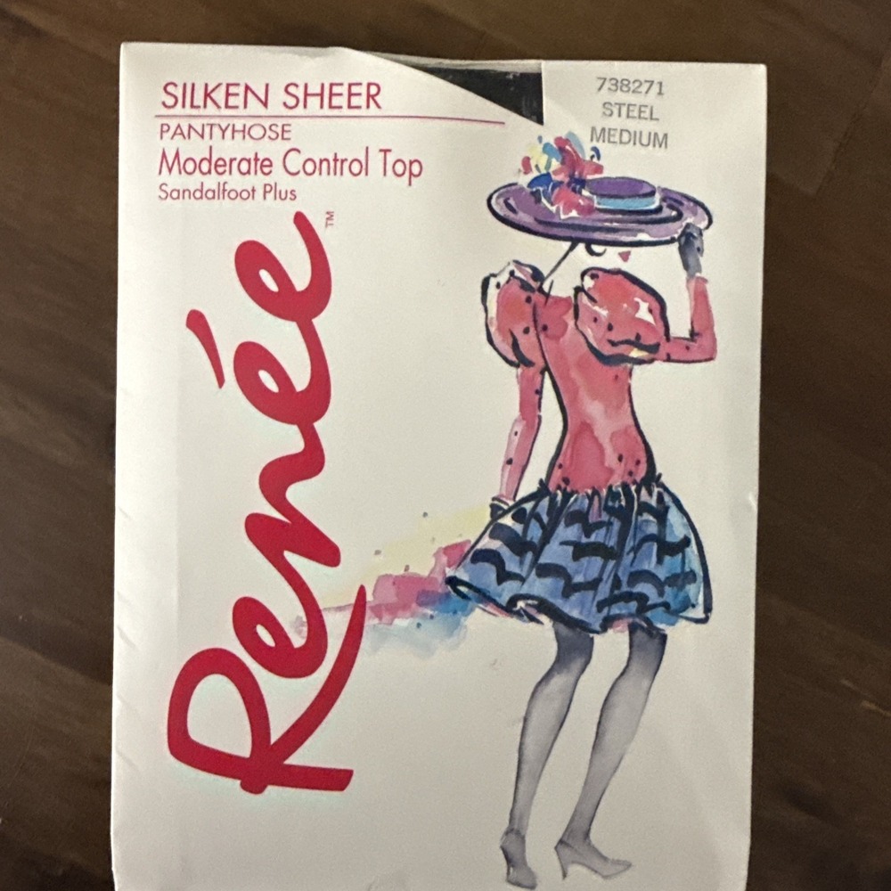 Vtg Renee Silken Sheer Moderate Control Top Sandal Foot Plus Pantyhose Med Steel